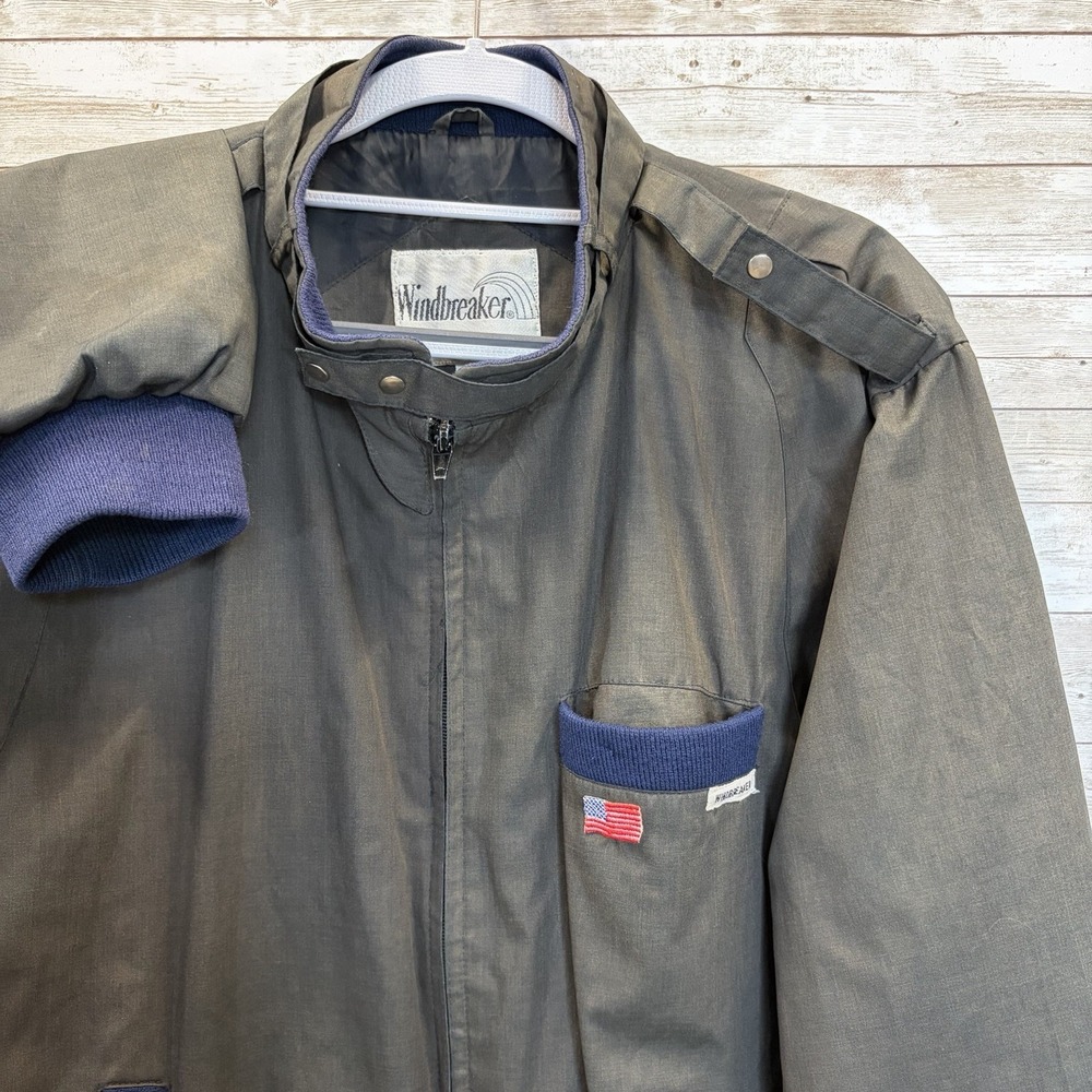 Vtg 80's Windbreaker Brand Men's S‎ Bomber Jacket Gray Zip Snap Collar USA Flag